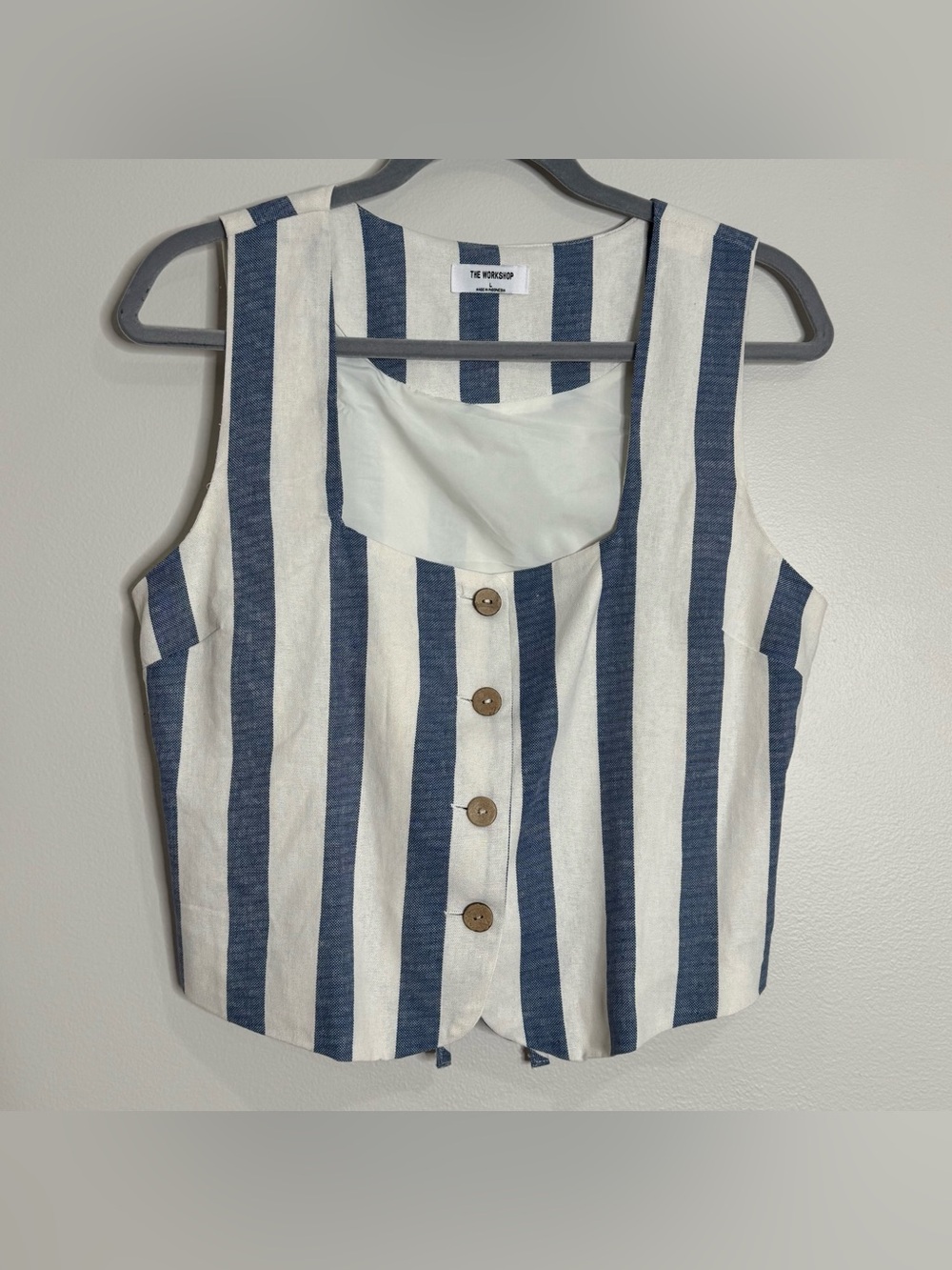 The Workshop Linen Rayon Blue White Striped Vest Top Shorts 2-piece Set Large - Picture 2 of 12